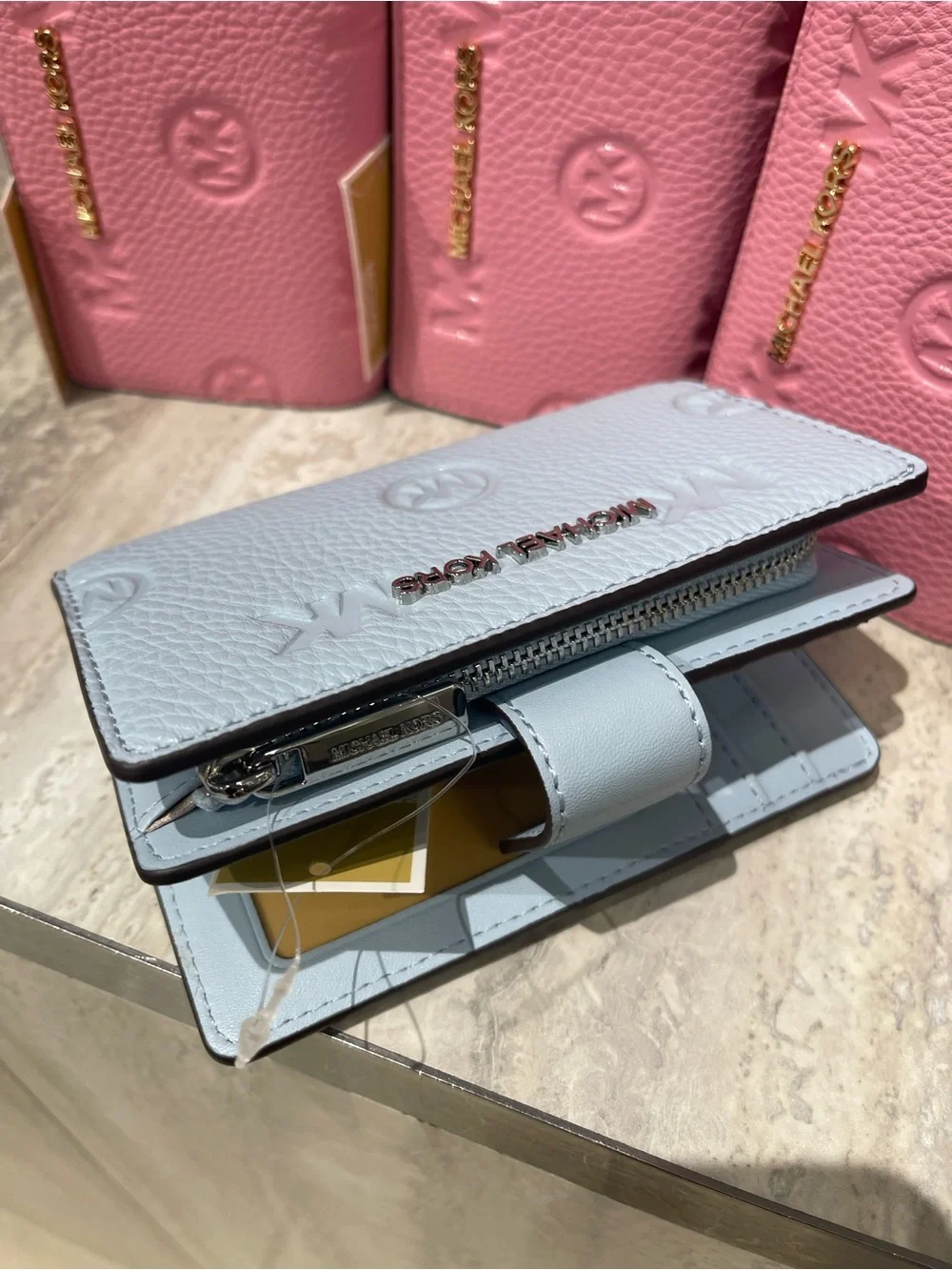 Michael Kors JST Md Logo Debossed Bifold Bilfold Compact Wallet Pale Ocean  NWT